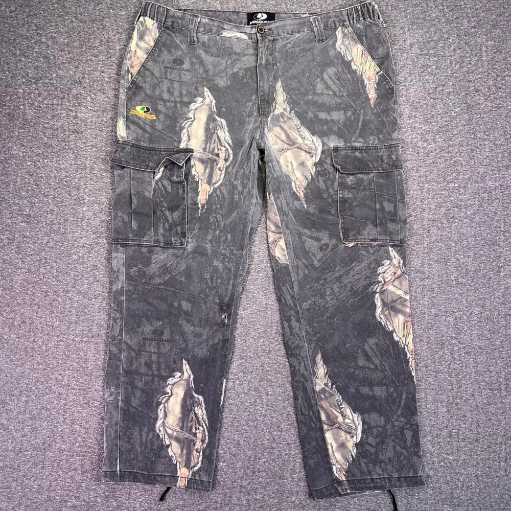 Mossy Oak Cargo Pants Mens XL Black Camo Gorpcore Torn Graphic Utility 42x31